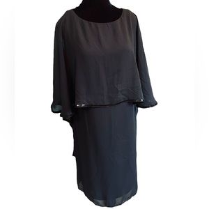NEW Coldwater Creek Black Sheer Chiffon Cape Sequin Formal Evening Midi Dress
